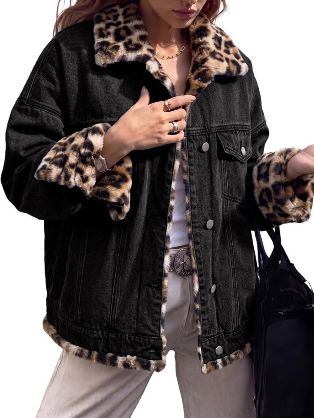 Cozy Leopard Print Reversible Oversized Sherpa Fleece Jean Jacket for Women